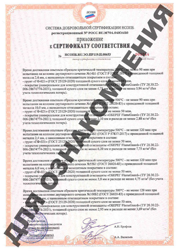 Приложение 1 к сертификату соответствия системы добровольной сертификации НСОПБ FlameGuard Огнезащитная мастика для металлоконструкций