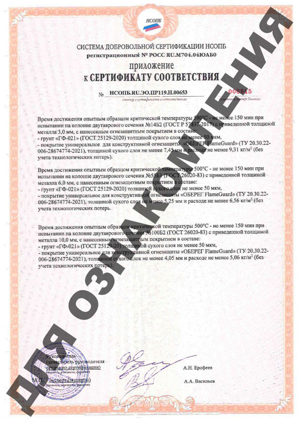 Приложение 2 к сертификату соответствия системы добровольной сертификации НСОПБ FlameGuard Огнезащитная мастика для металлоконструкций